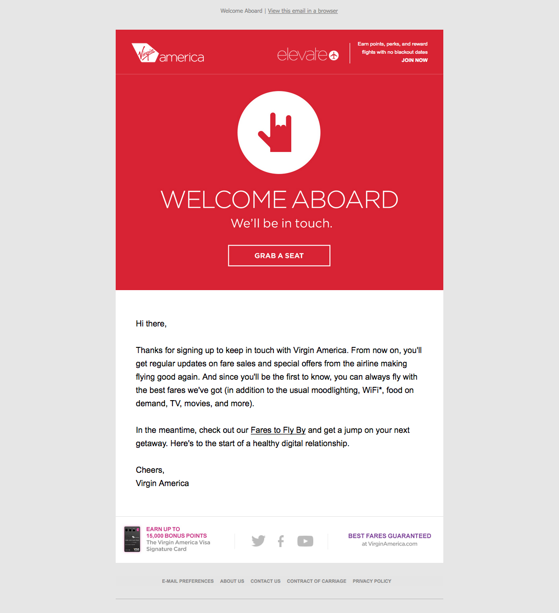 Welcome email example from Virgin America
