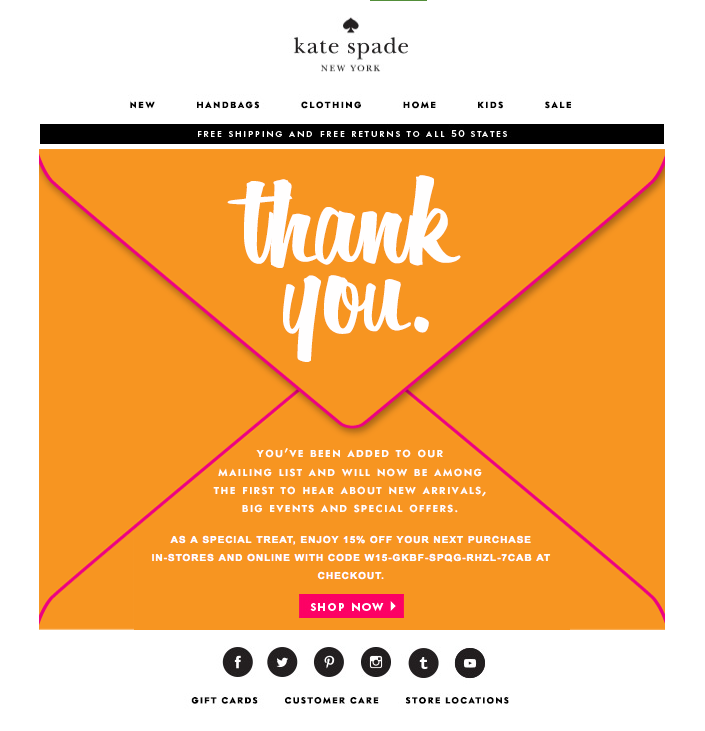 Welcome email example from Kate Spade