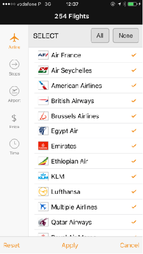 Kayak full-screen mobile filtering