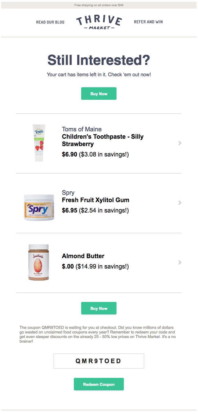 cart abandonment email from thrive