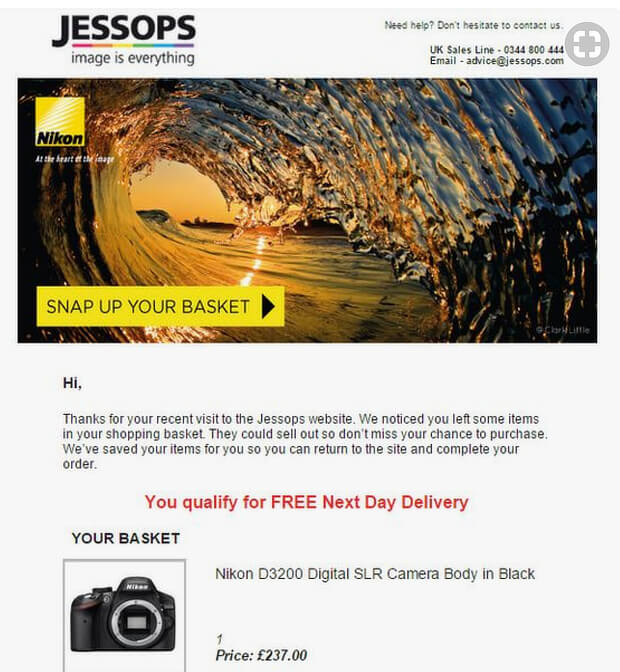 Email example from jessops