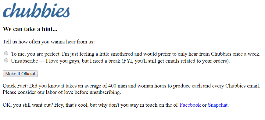 example of an unsubscribe page from chubbies