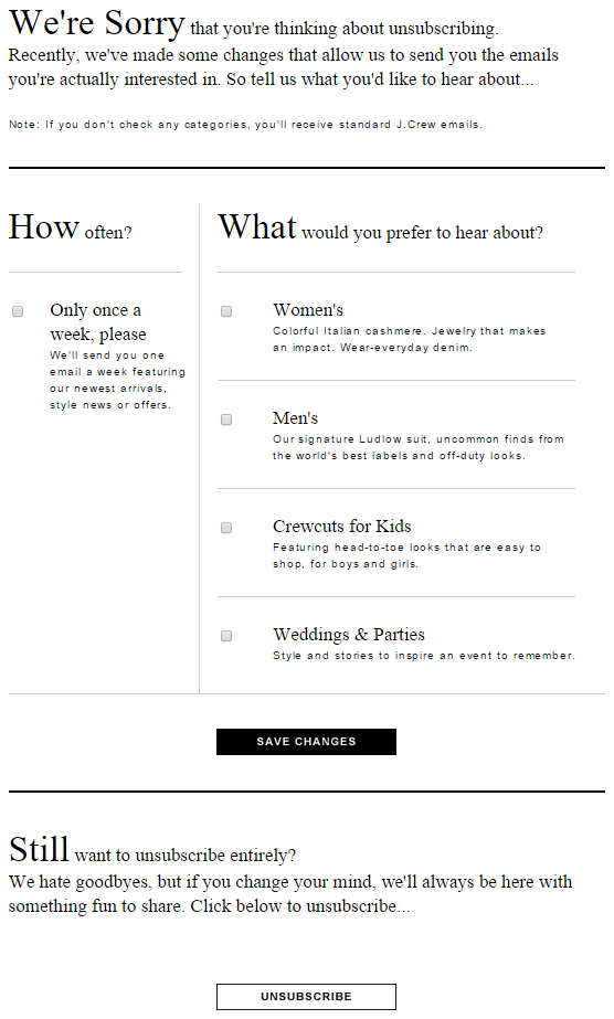 example of an unsubscribe page from j crew