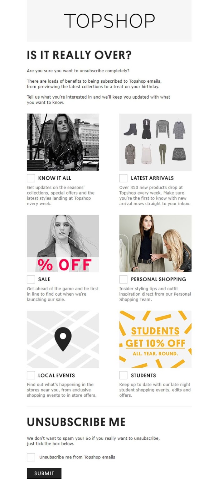 example of an unsubscribe page from top shop