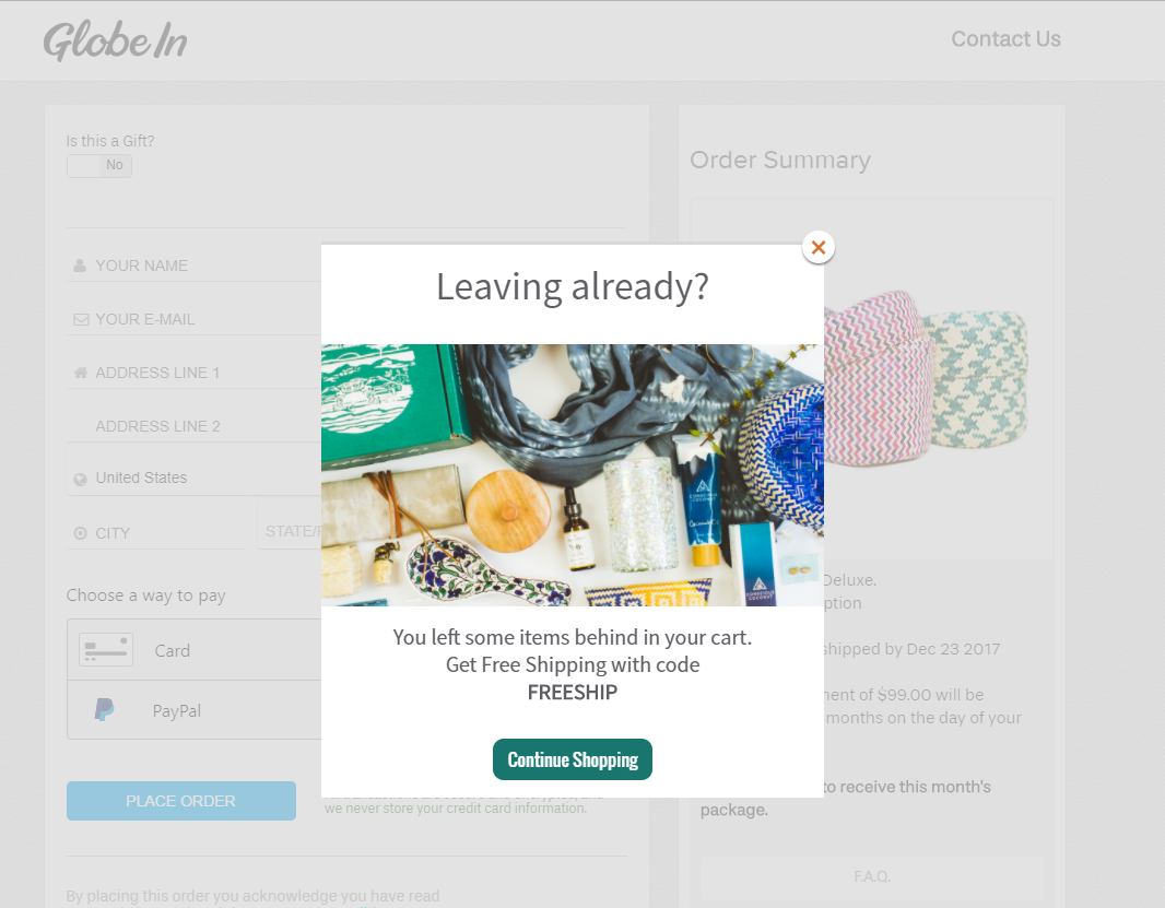 example of an exit-intent popup by GlobeIn