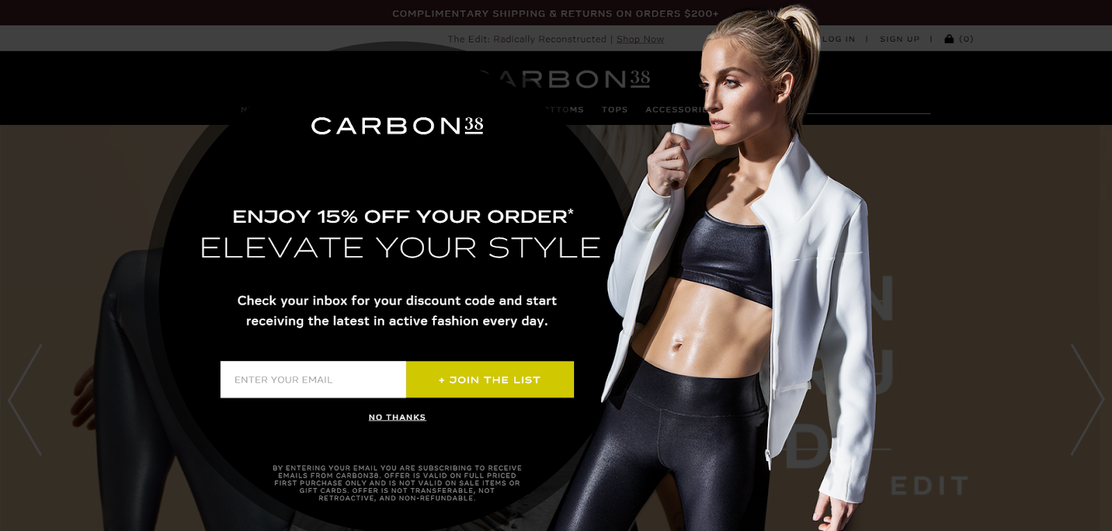 Carbon38’s Shopify email pop-ups