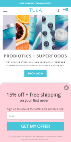example of a Shopify email popup from Tula