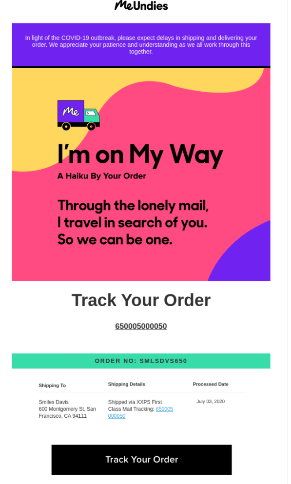 meundies example of post purchase email