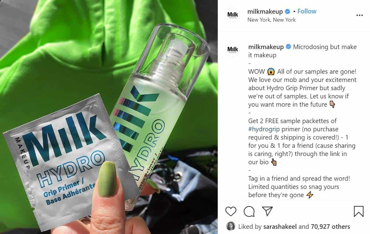 Milk Makeup asks its customers to tag friends in exchange for free samples.