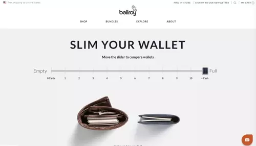 animated slider on their homepage that allows the user to see how slim their wallet is compared to the usual