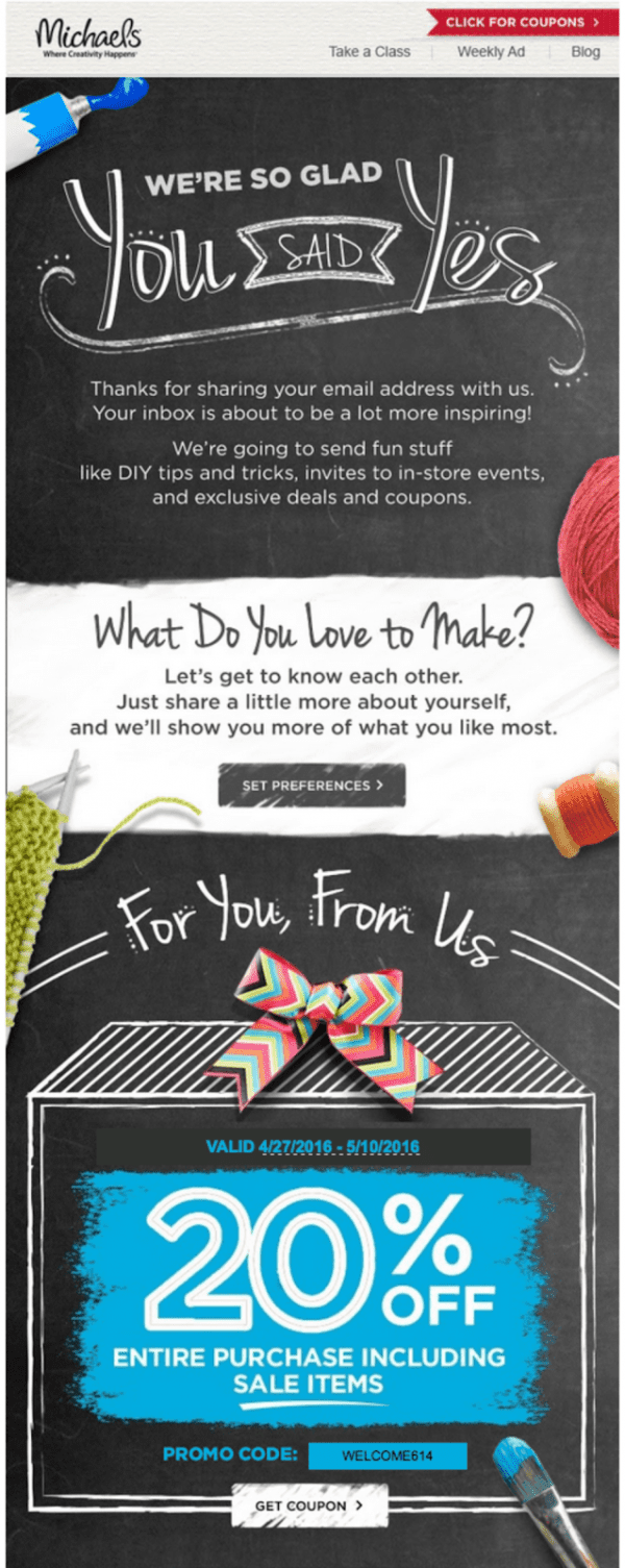 michaels welcome email