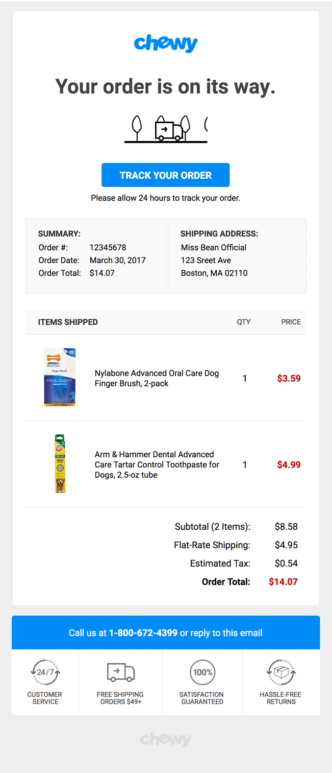 example of shipping confirmation email by Chewy
