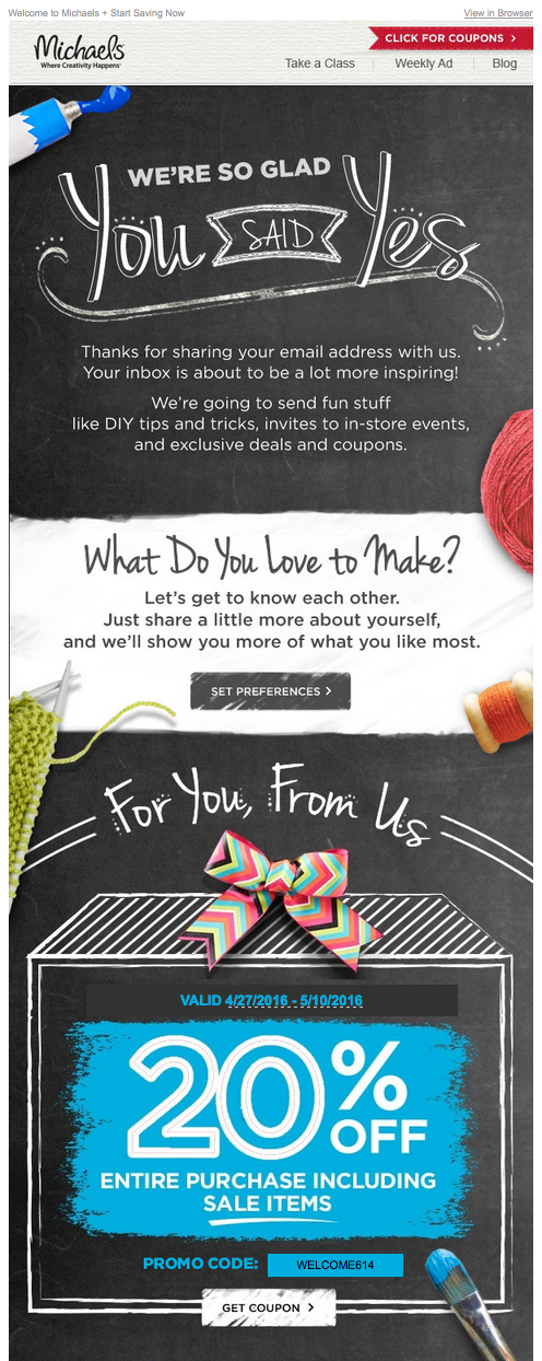 Example of welcome email with multiple CTAs from Michael’s