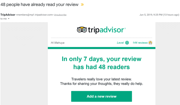 Reviews in transactional emails from TripAdvisor