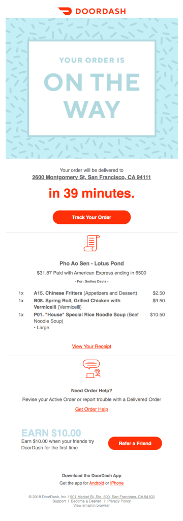 example of shipping confirmation transaction email from DoorDash