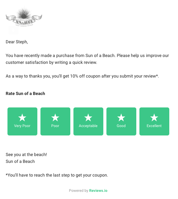 example of transactional email reviews from Sun of a Beach