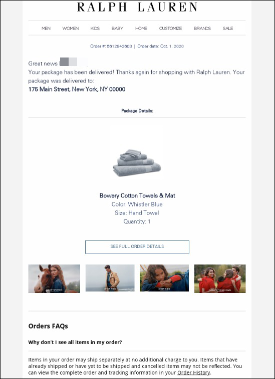 Example of delivery confirmation transaction email from ralph lauren