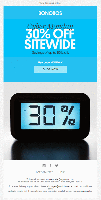 Cyber Monday discounts on holiday transaction emails by Bonobos