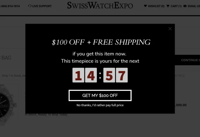 example of popup with limited time offer from SwissWatchExpo