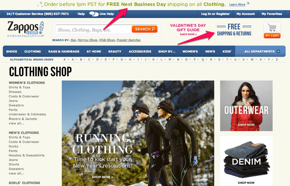 Example of limited time free shipping offer by Zappos