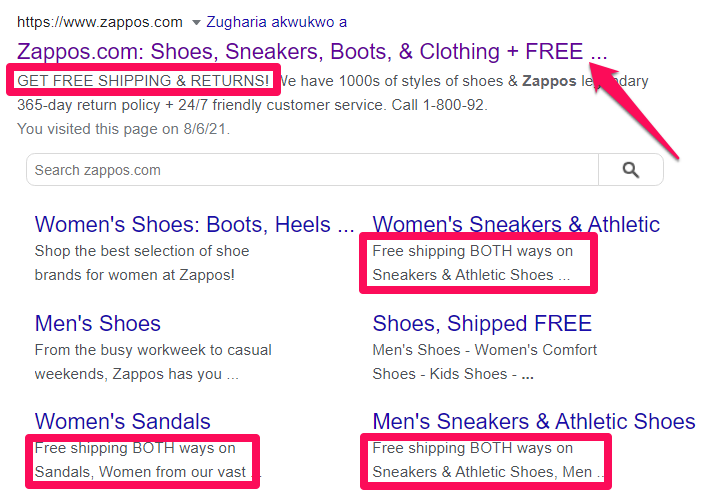 example of how Zappos promotes its limited offers on Google