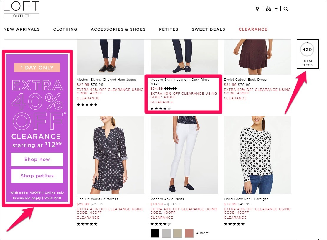 Example of clearance sale offers from Loft