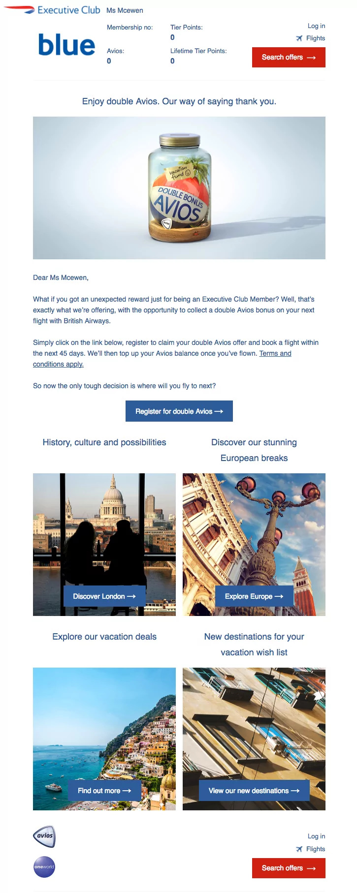 upsell drip email campaign by British Airways