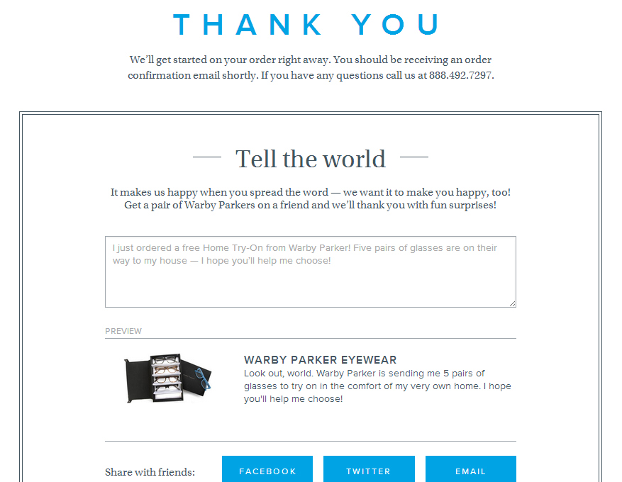 Warby Parker's message for thank you, you are awesome