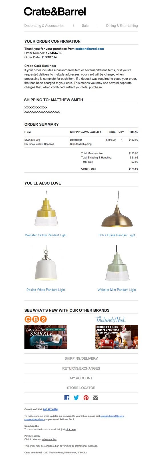 order confirmation email example from Crate & Barrel