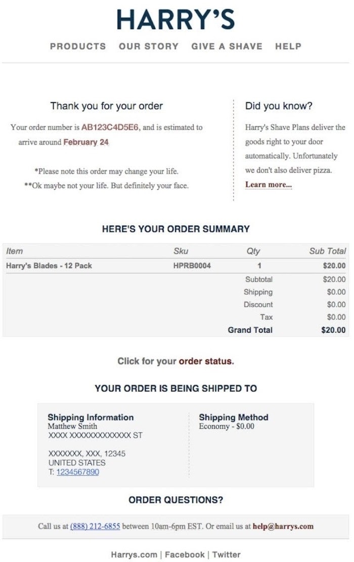 order confirmation email example from Harry’s
