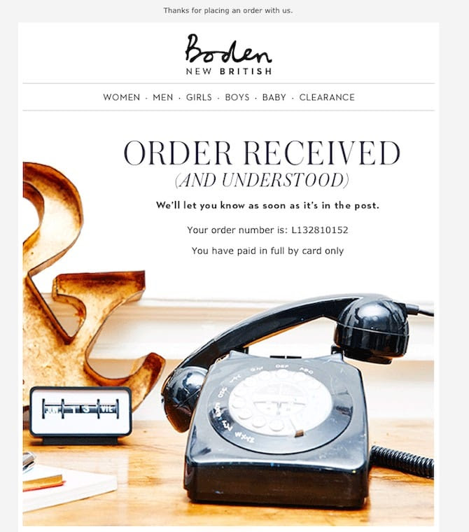 order confirmation email example from Boden