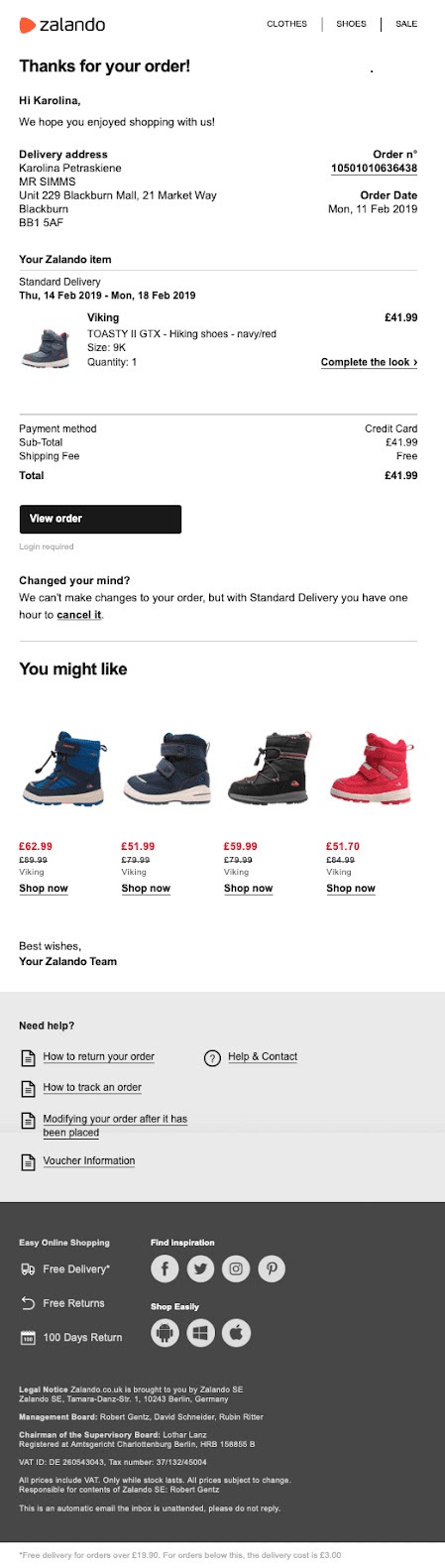 order confirmation email example from Zalando