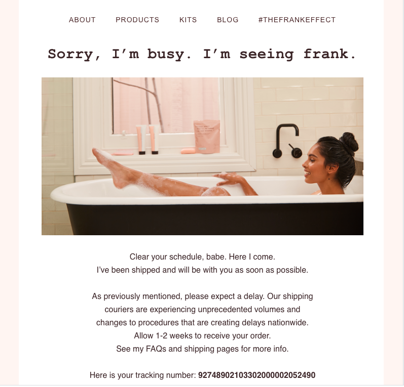 example of shipping confirmation email by Frank Body