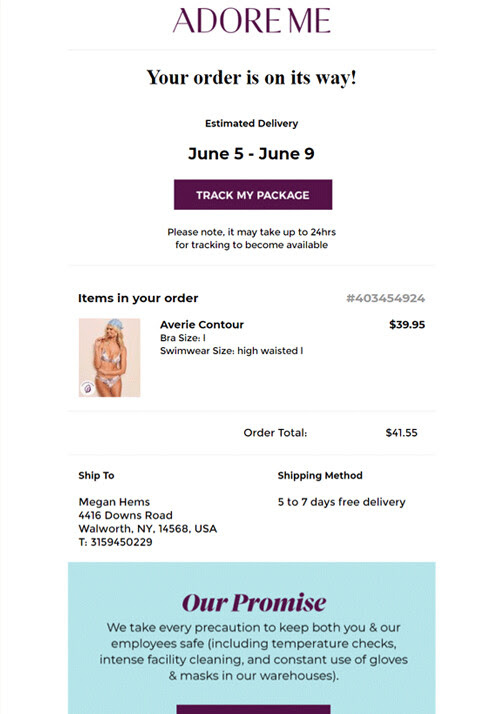 example of shipping confirmation email by Adore Me