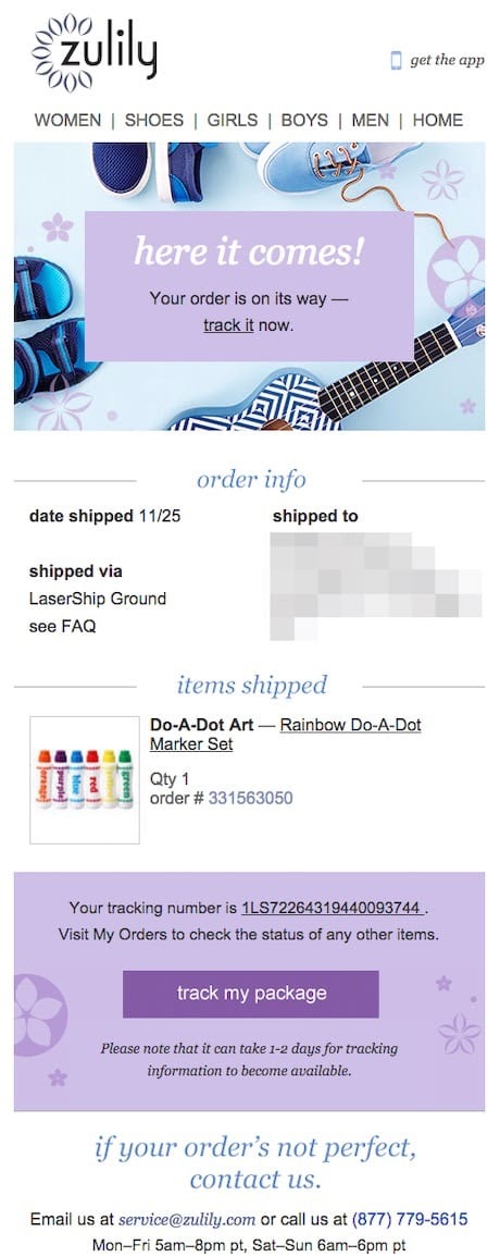 order confirmation email example from Zulily