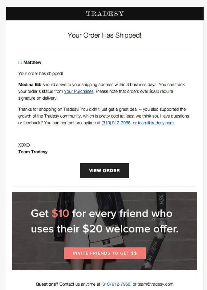 example of shipping confirmation email by Tradesy