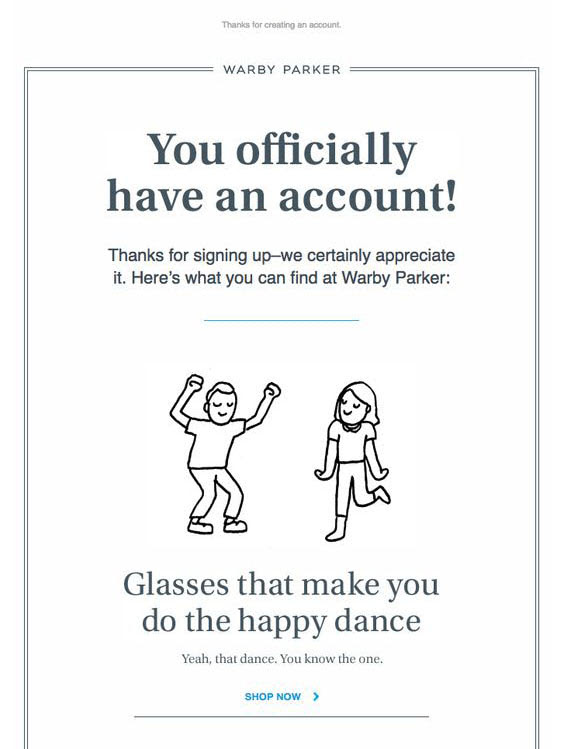 Example of account confirmation email from Warby Parker