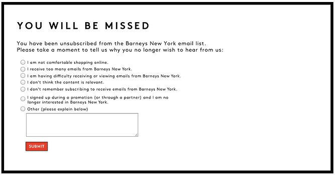 Example of unsubscribe confirmation email by Barneys New York