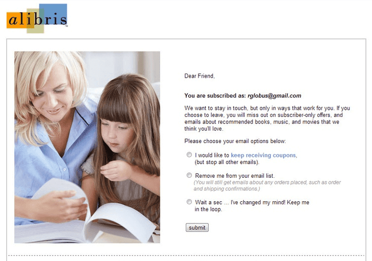 Example of unsubscribe confirmation email by Alibris