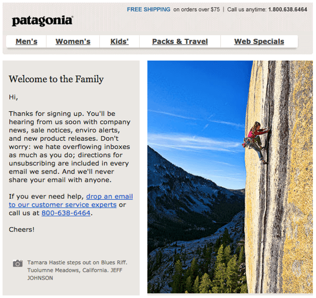 Example of account confirmation email by Patagonia