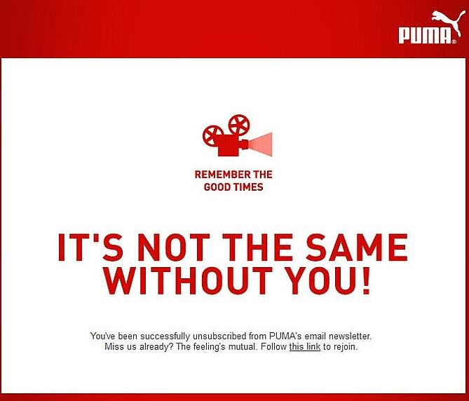 Example of unsubscribe confirmation email by Puma