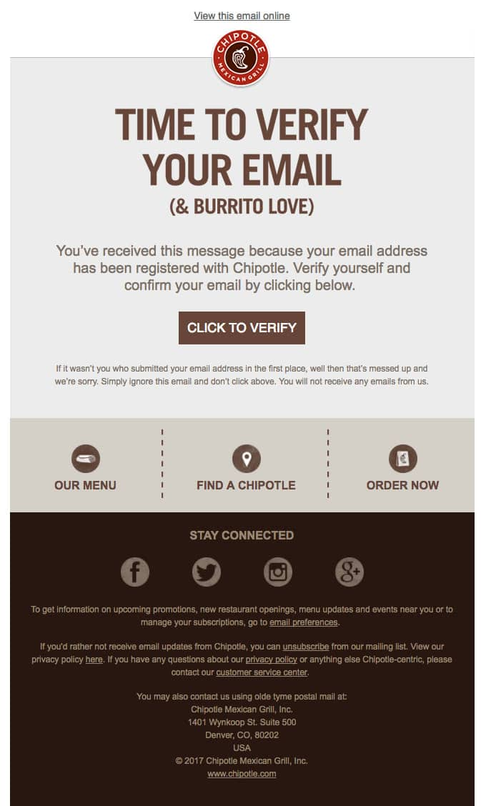 Example of newsletter confirmation email by Chipotle