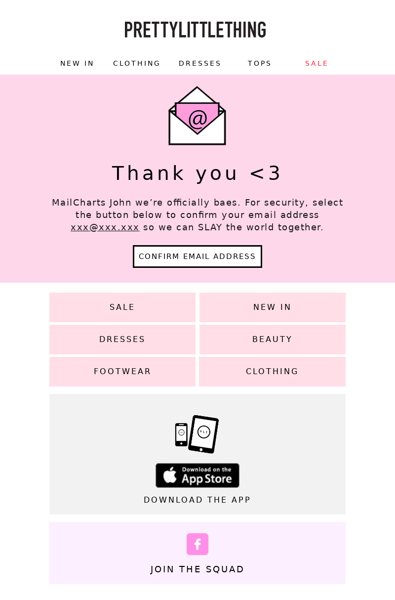 Example of newsletter confirmation email by PrettyLittleThing