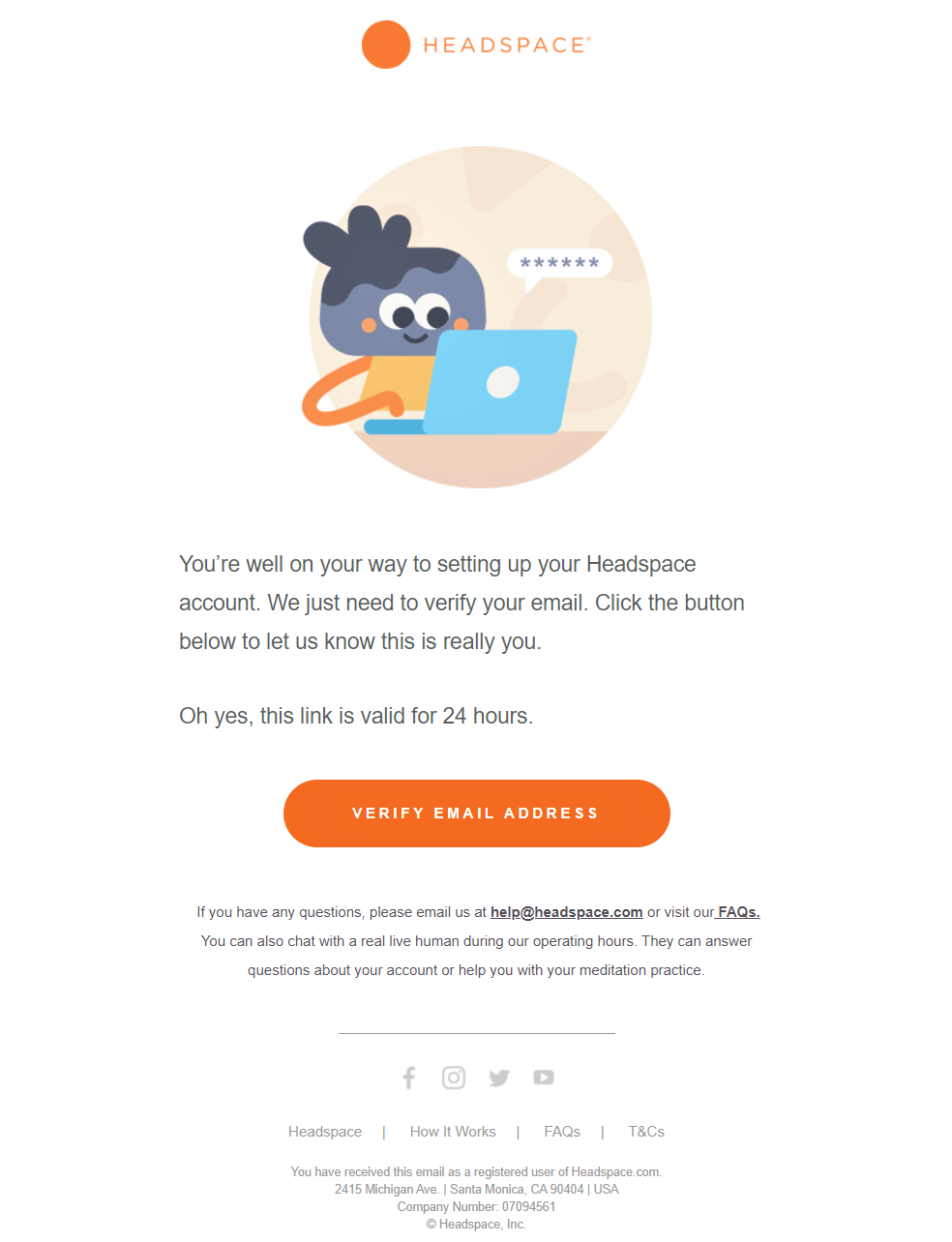 Example of newsletter confirmation email by Headspace