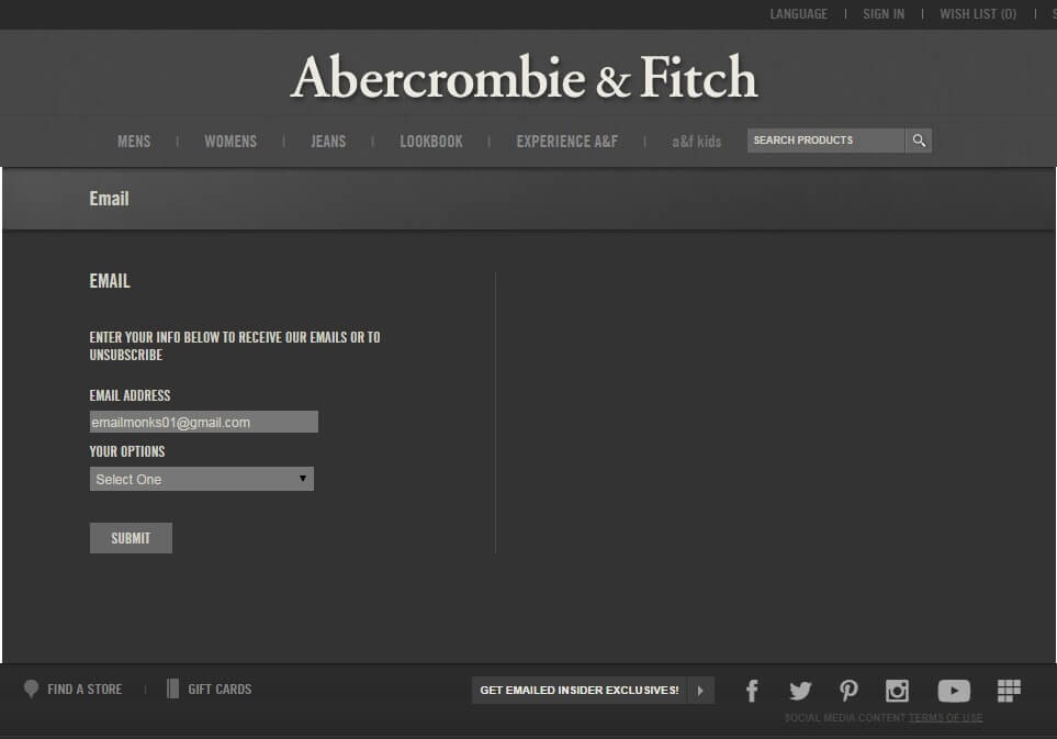 Example of cancellation confirmation email by Abercombie and Fitch