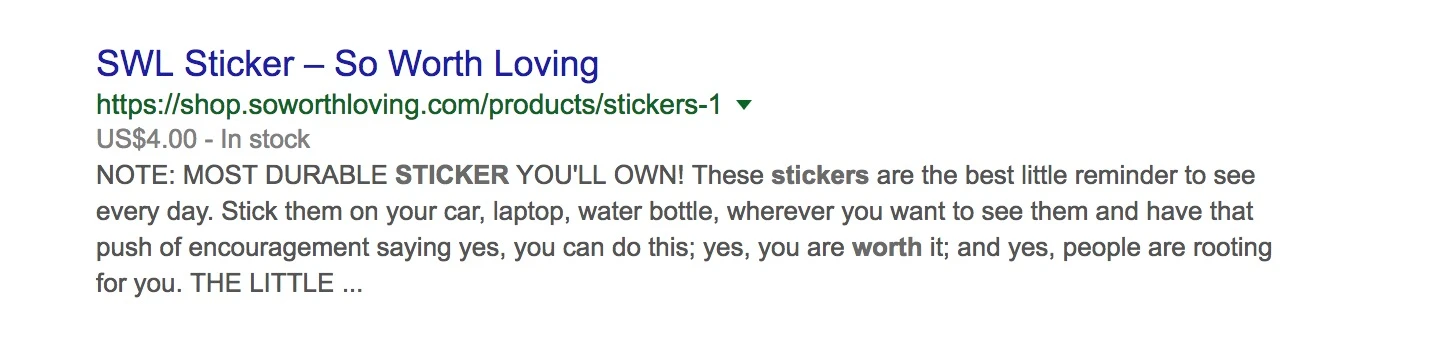 Example of how So Worth Loving uses SEO for product pages