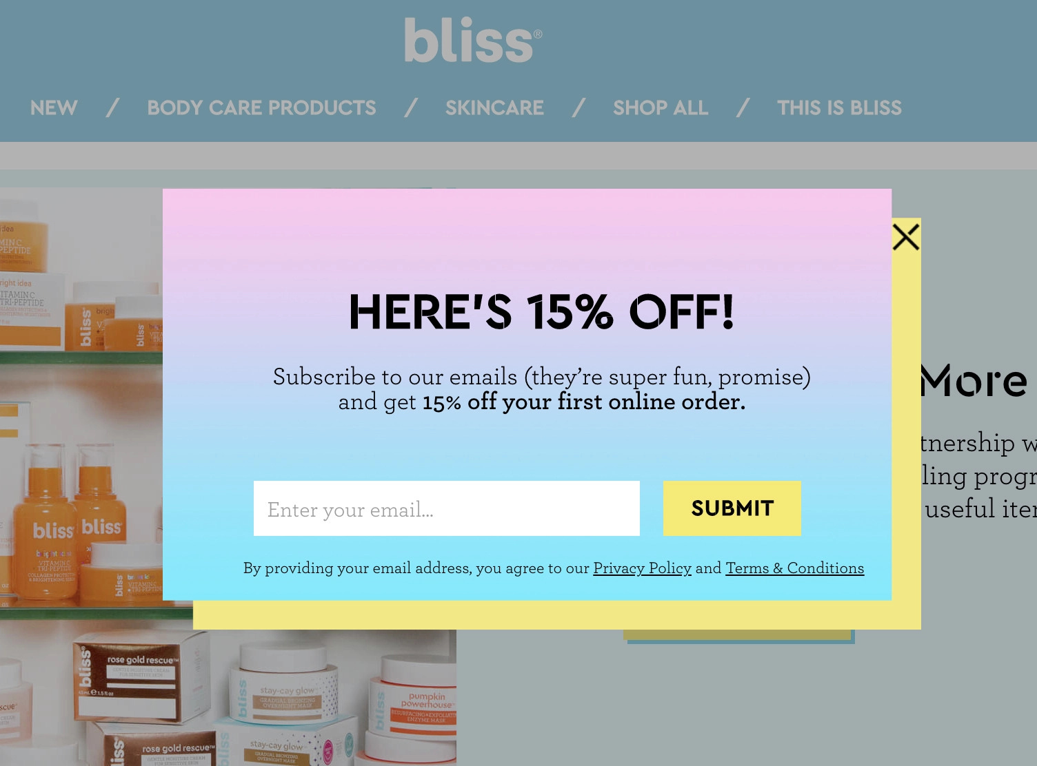 Bliss uses intent-based pop-ups to drive conversions from the product page