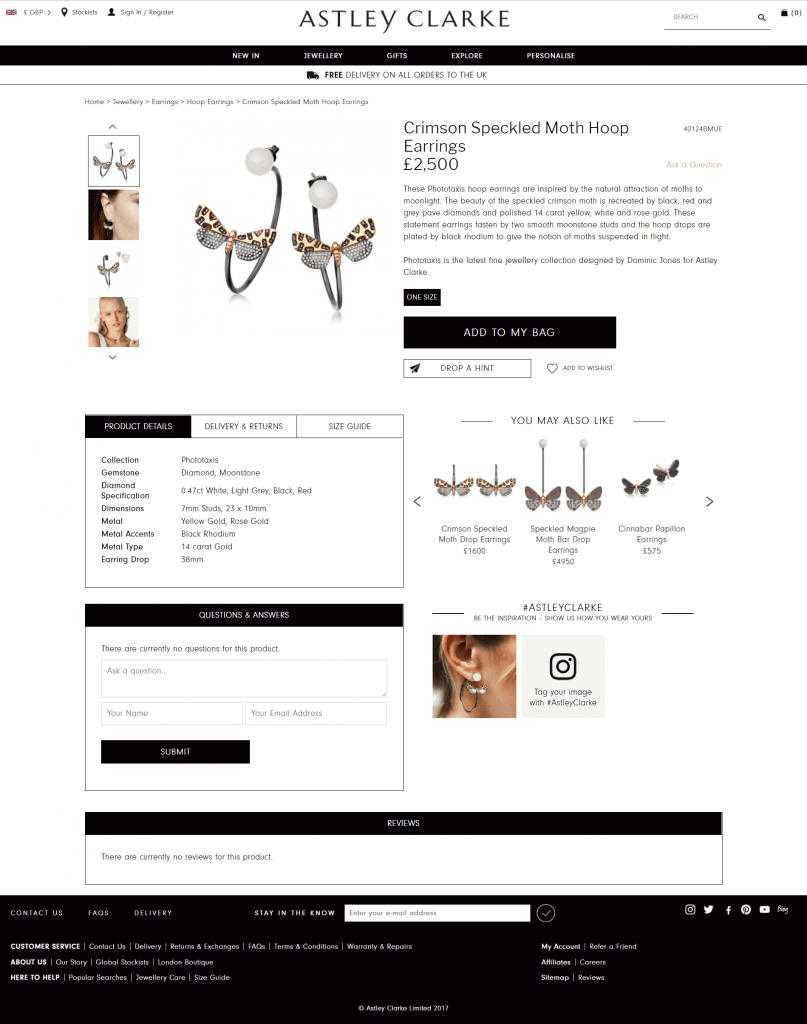 AstleyClarke product page design example for storytelling