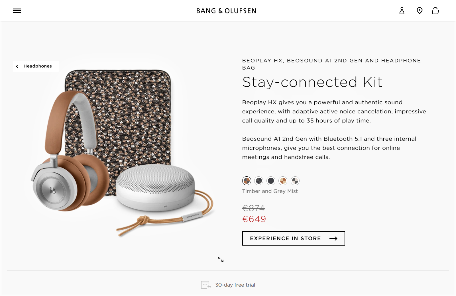 Example of a detailed product page with Bang and Olufsen