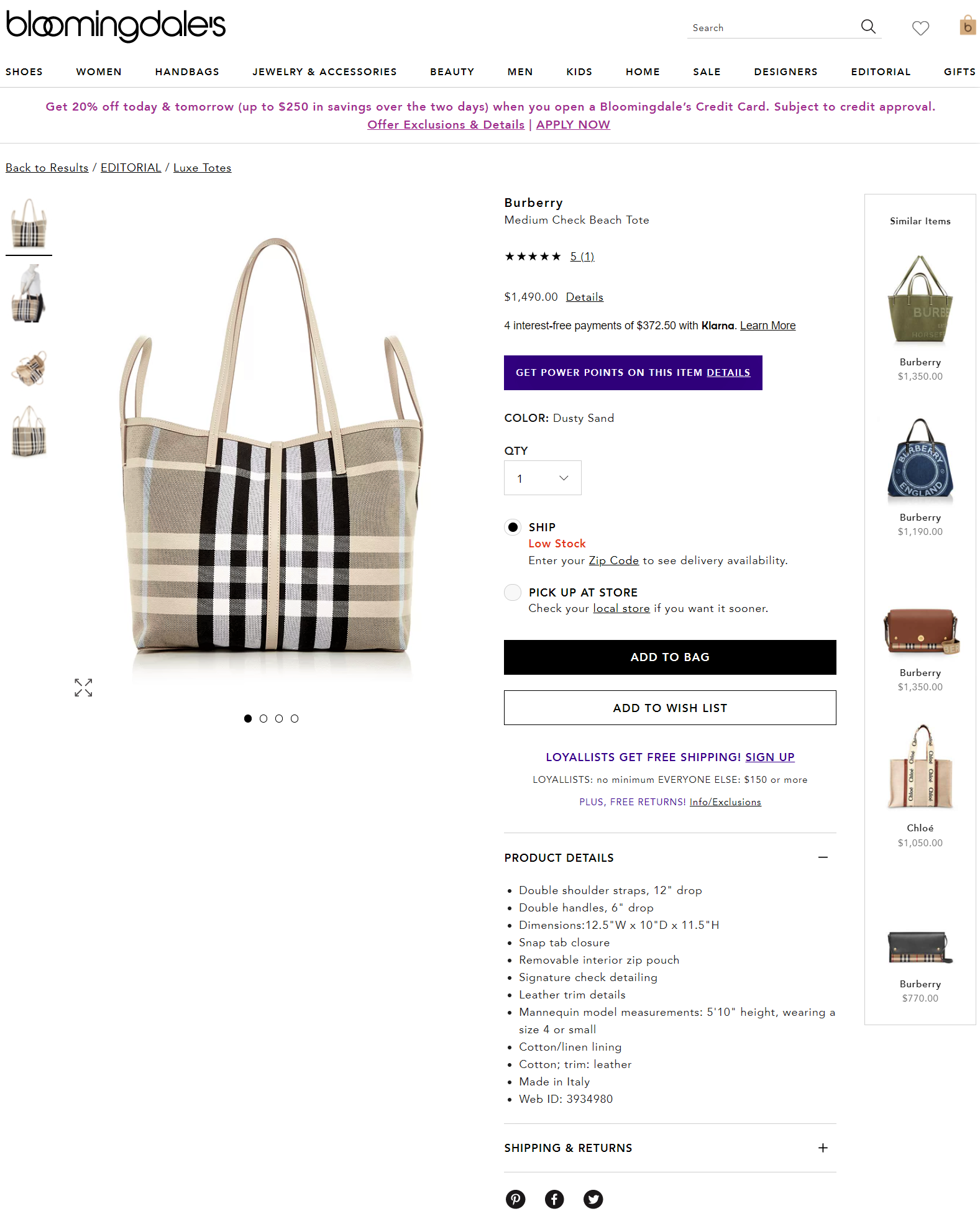 Bloomingdale's offers multiple options on product page design template